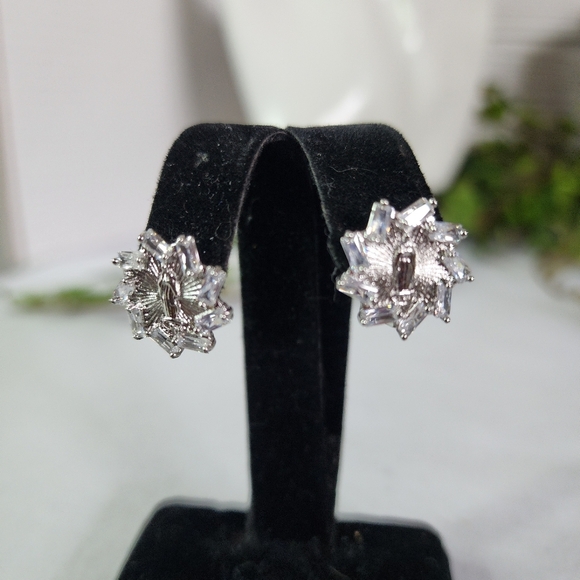 White Gold Virgin Mary with Baguette CZ Small Hoop Earrings - Picture 4 of 11